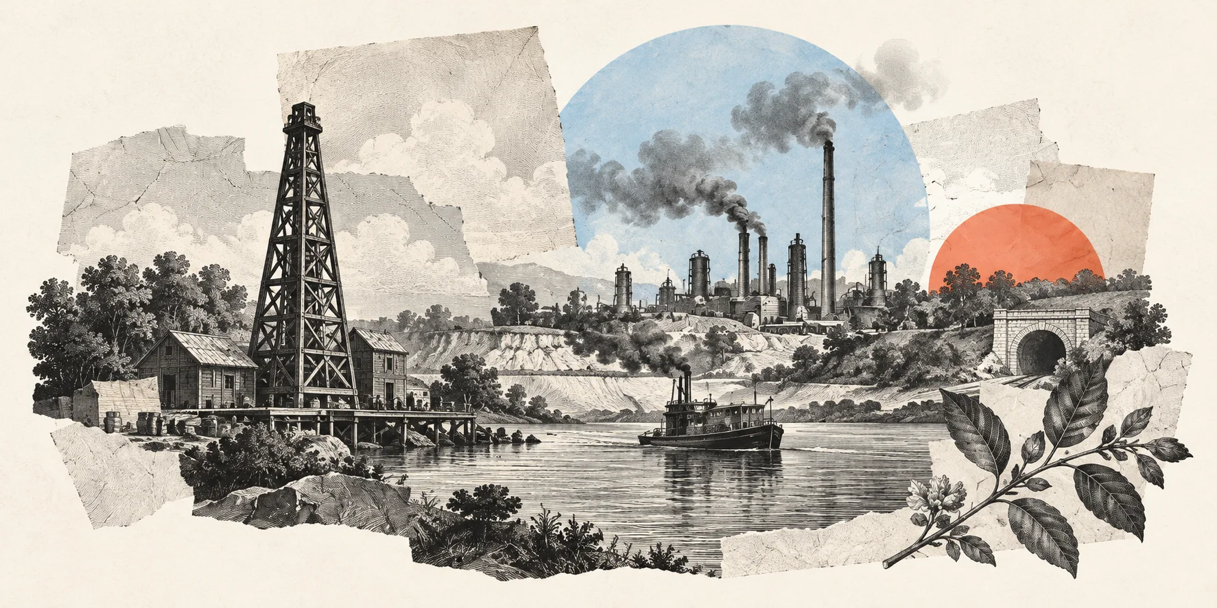 Interpretive collage of oil derricks, refineries and the St. Clair River for Black Gold.