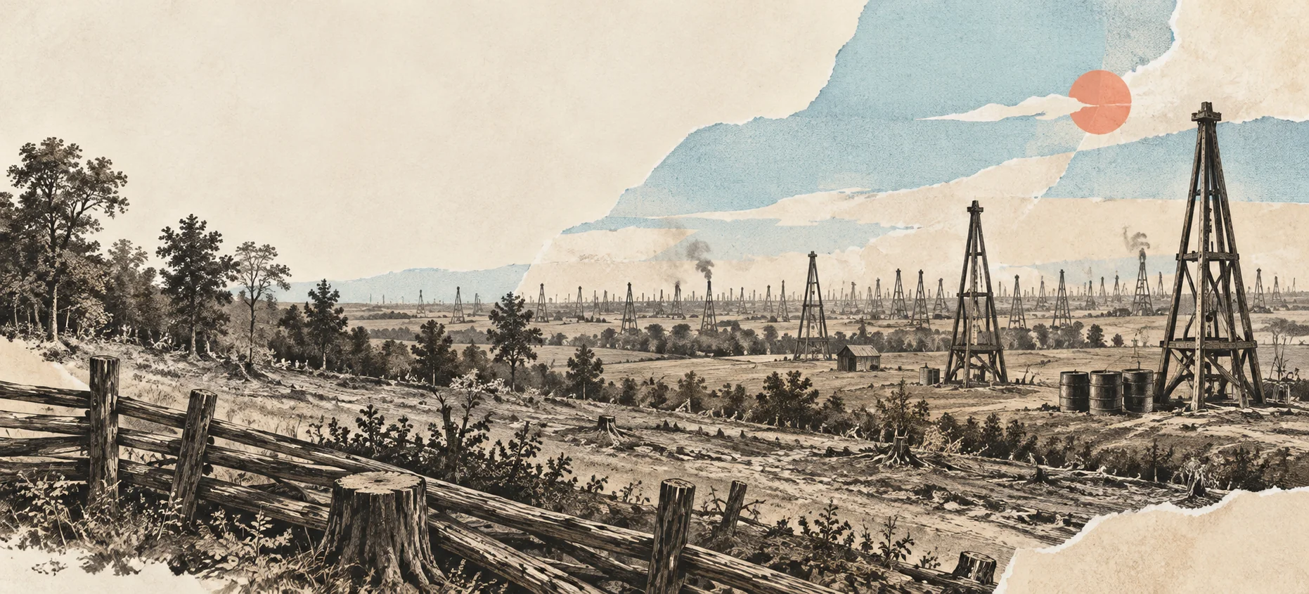 Interpretive collage of a Lambton County farm clearing giving way to a horizon filled with three-pole oil derricks.