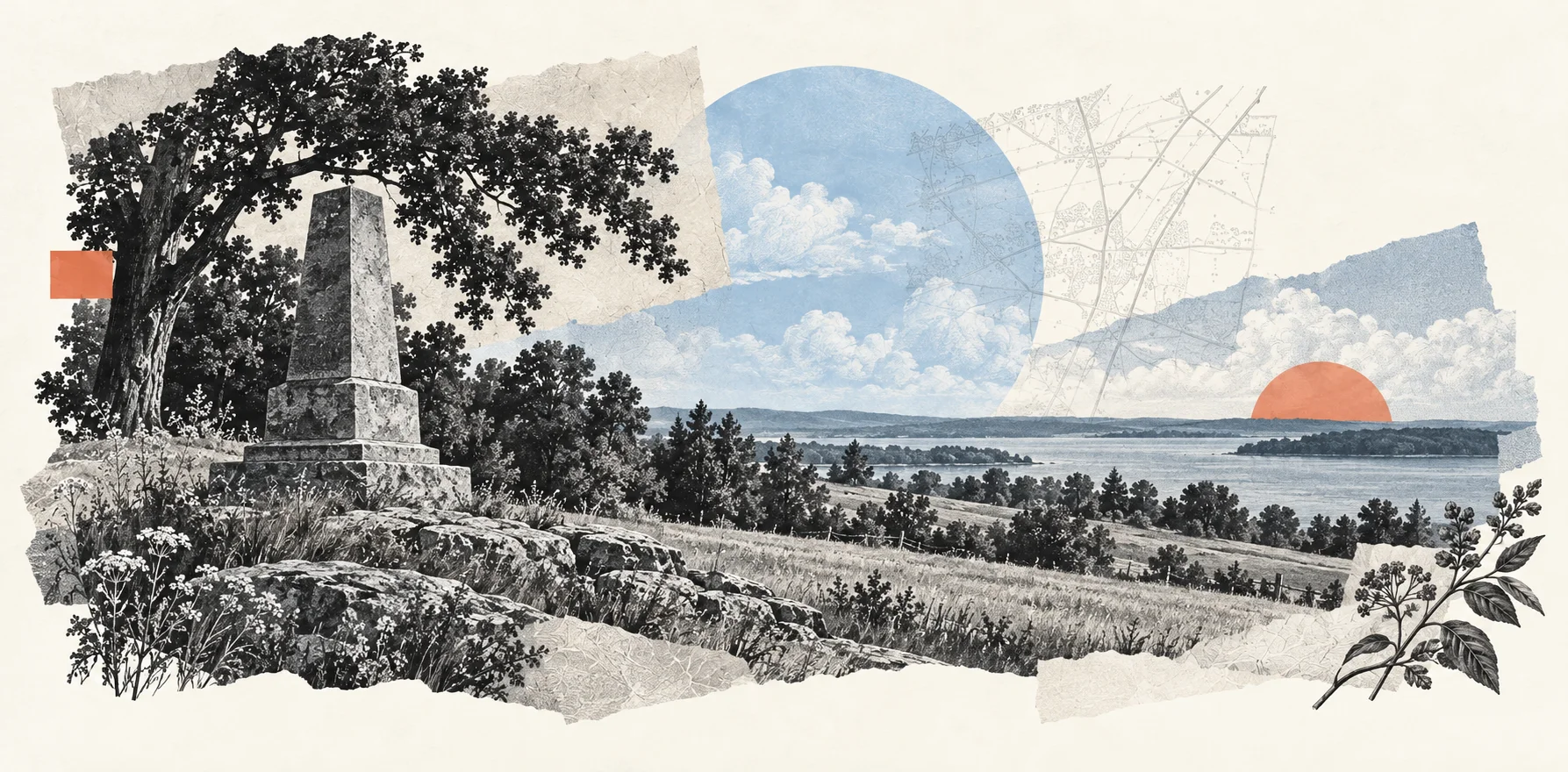 Interpretive collage of a stone memorial at the edge of a lakeshore field.