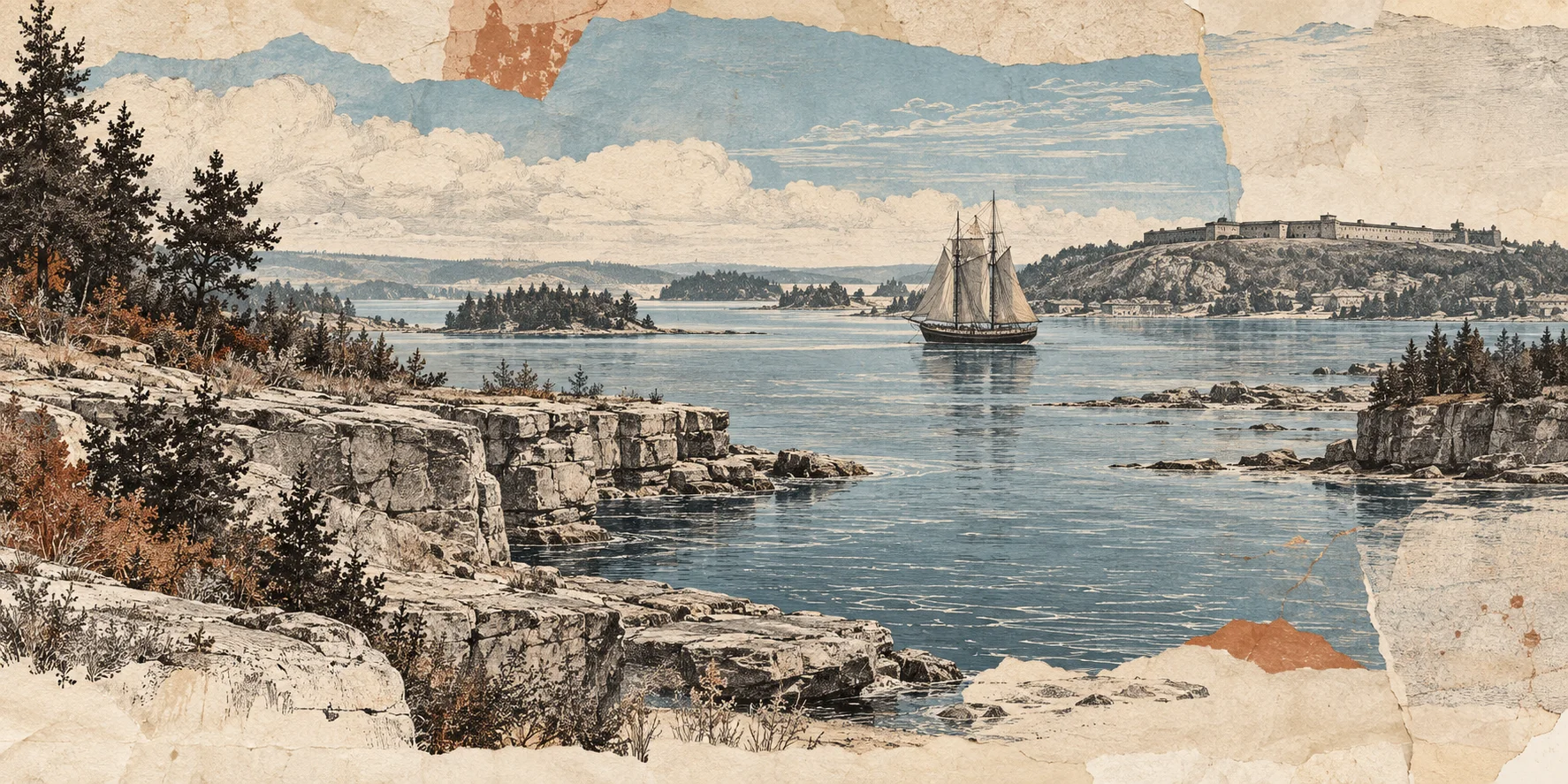 Interpretive collage of Kingston limestone shoreline, harbor and Fort Henry for Kingston: Birth of a Country (Complicated).
