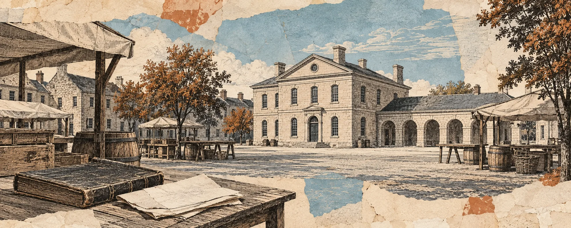 Interpretive collage of a limestone civic hall and market stalls in an early nineteenth-century town.