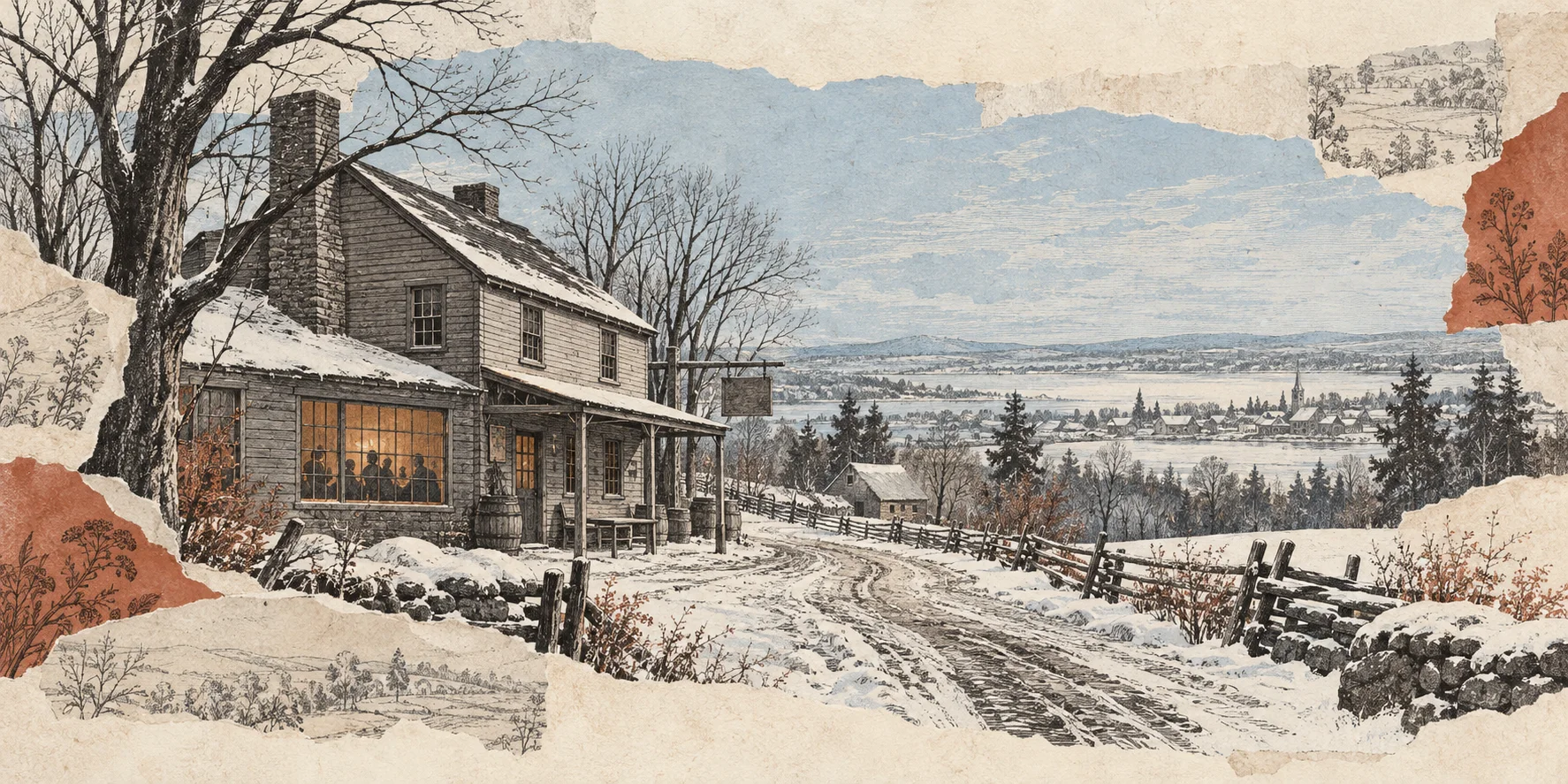 Interpretive collage of an 1830s roadside tavern and winter settlement landscape for Rebellion Road: 1837.