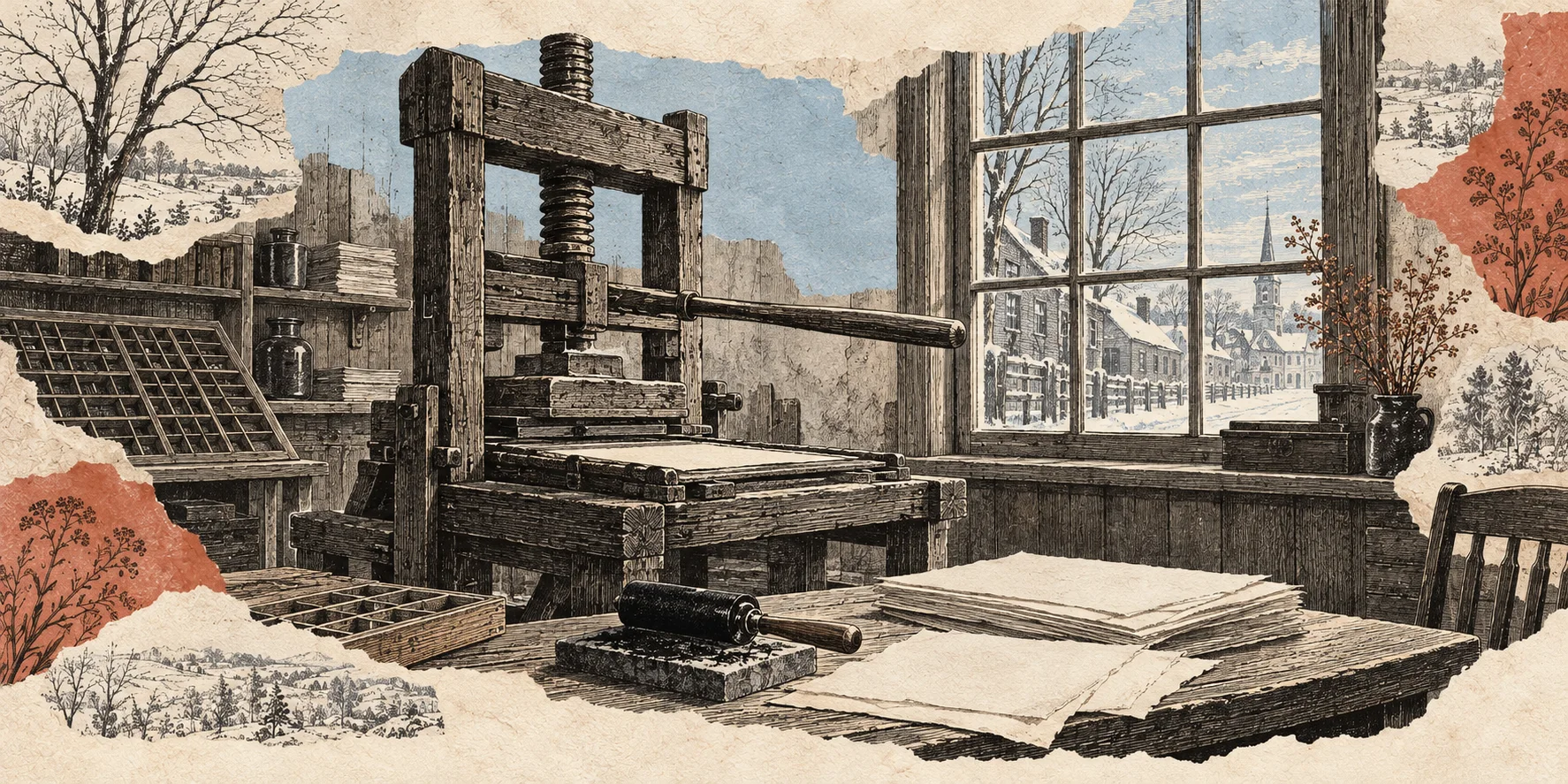 Interpretive collage of a generic hand-operated printing press, composing type and blank sheets in a winter-lit print shop.