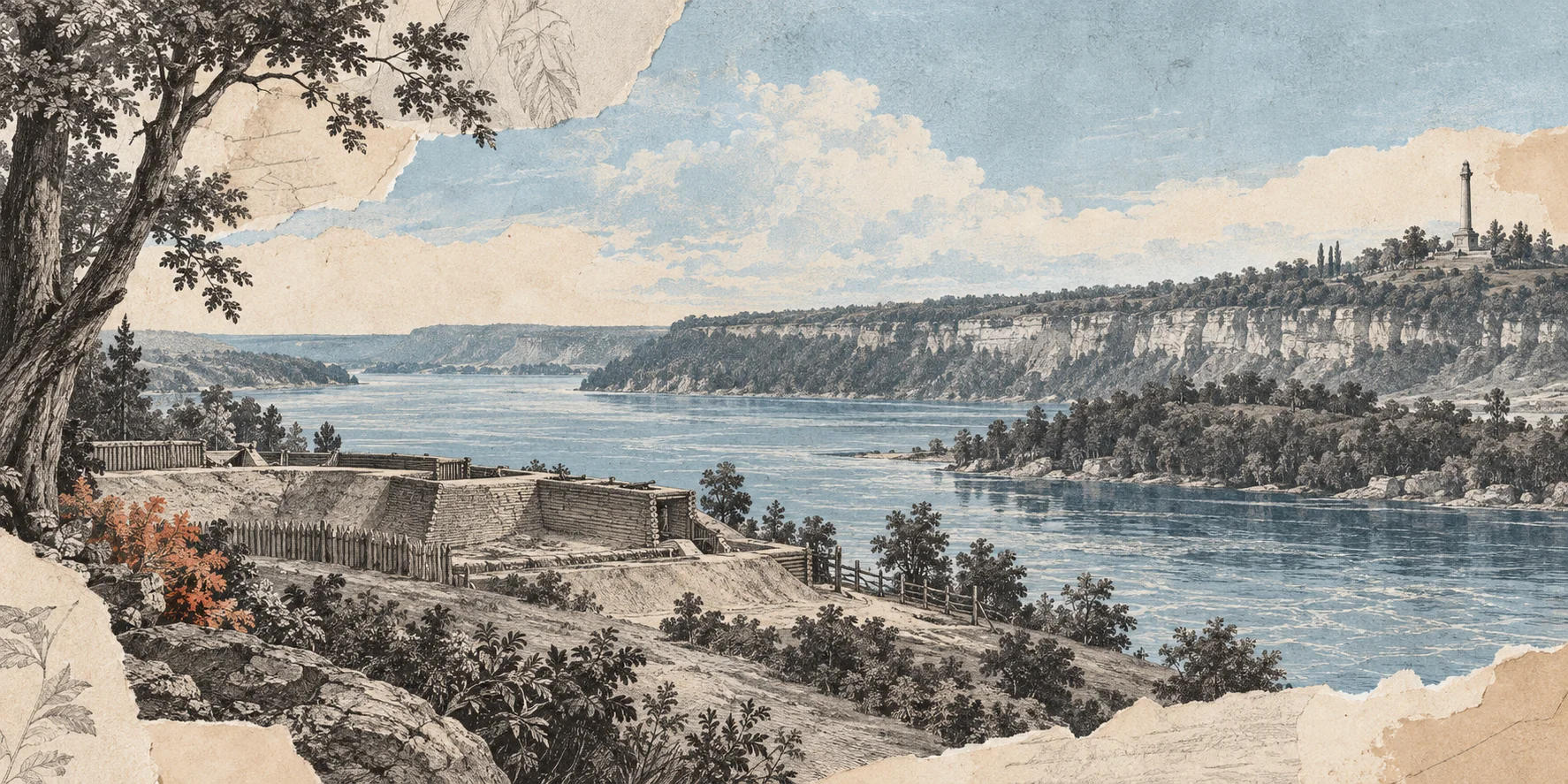 Interpretive collage of Niagara River earthworks and the distant Brock monument for Remember Brock: Niagara 1812.
