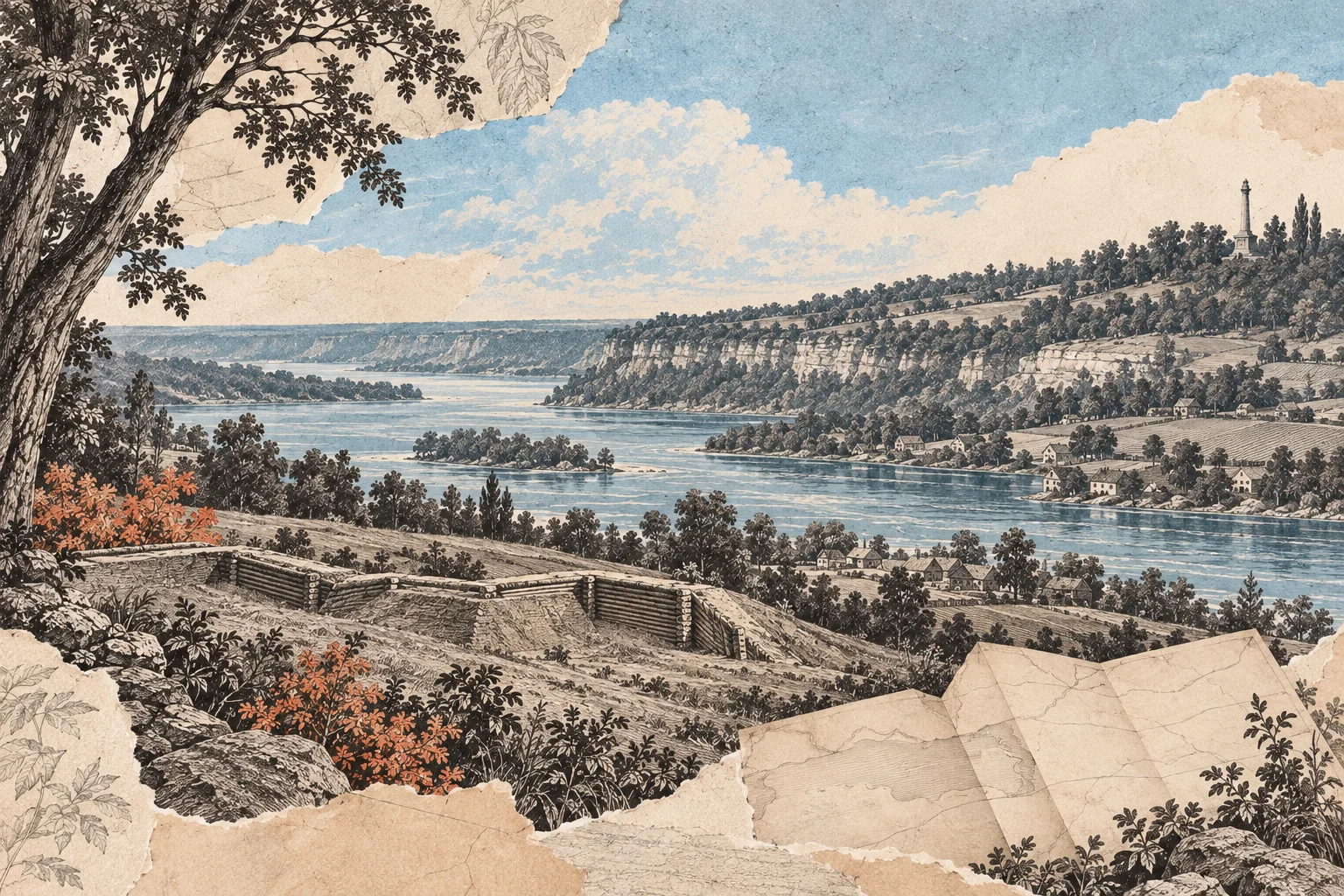 Interpretive collage of the Niagara River, a generic earthwork, folded field map and distant unlabelled memorial column.
