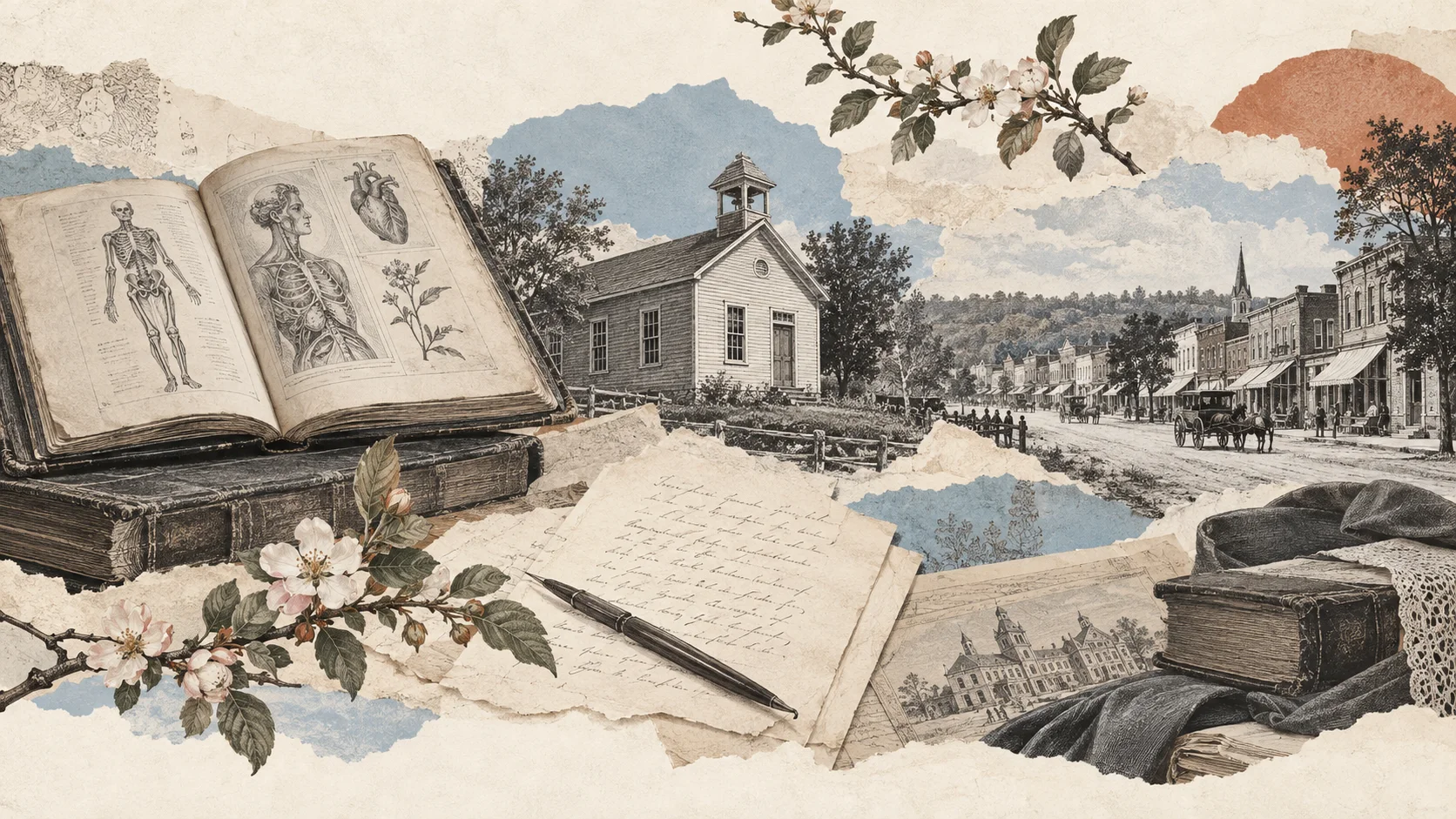 Interpretive collage of medical study, a schoolhouse and writing for Rulebreakers: Women Who Changed Ontario.