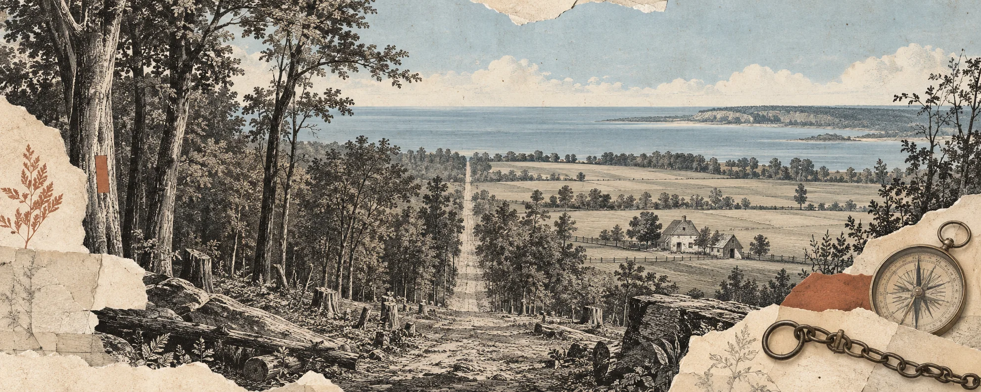 Interpretive collage of a surveyed road, farmland and Lake Erie shoreline for Talbot’s Principality.