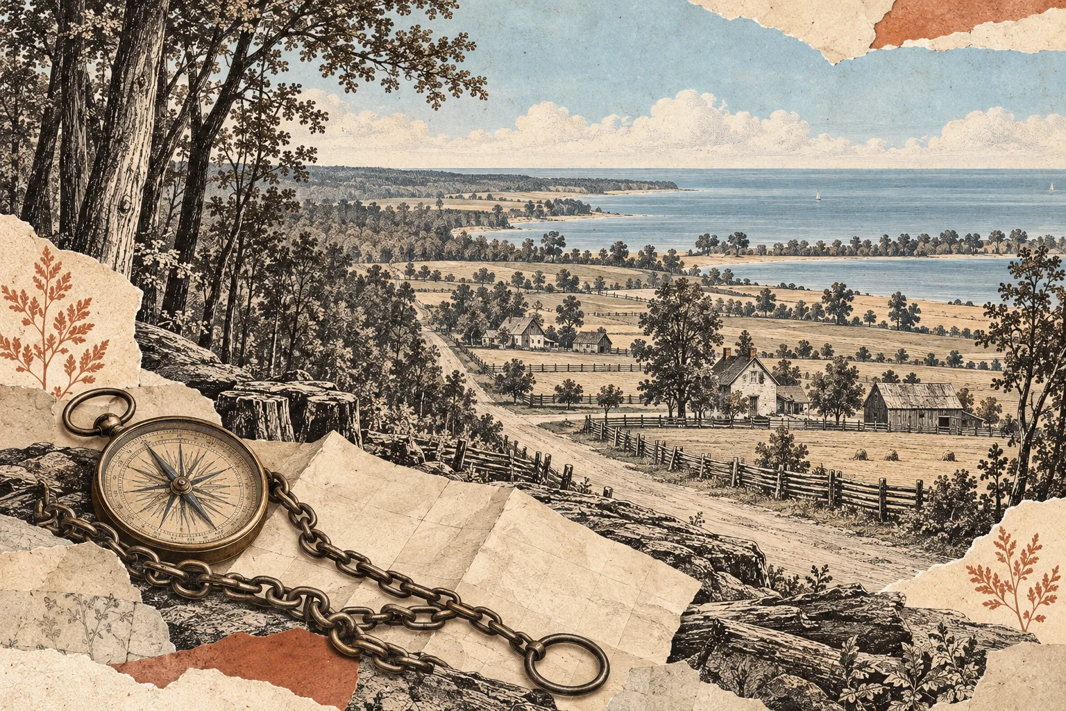 Interpretive collage of a survey chain and compass over a worked rural landscape of roads, farms and Lake Erie shoreline.