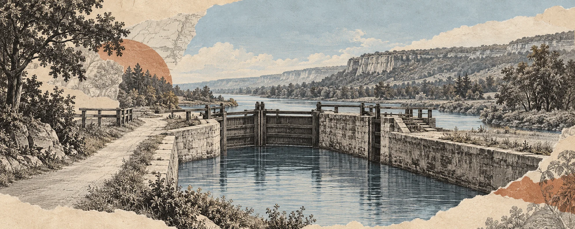 Interpretive collage of an early canal lock and Niagara Escarpment landscape for The Ditch That Built Ontario.