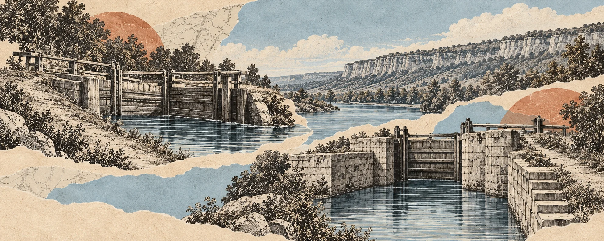 Interpretive collage comparing timber lock gates and cut-stone canal walls across successive routes.