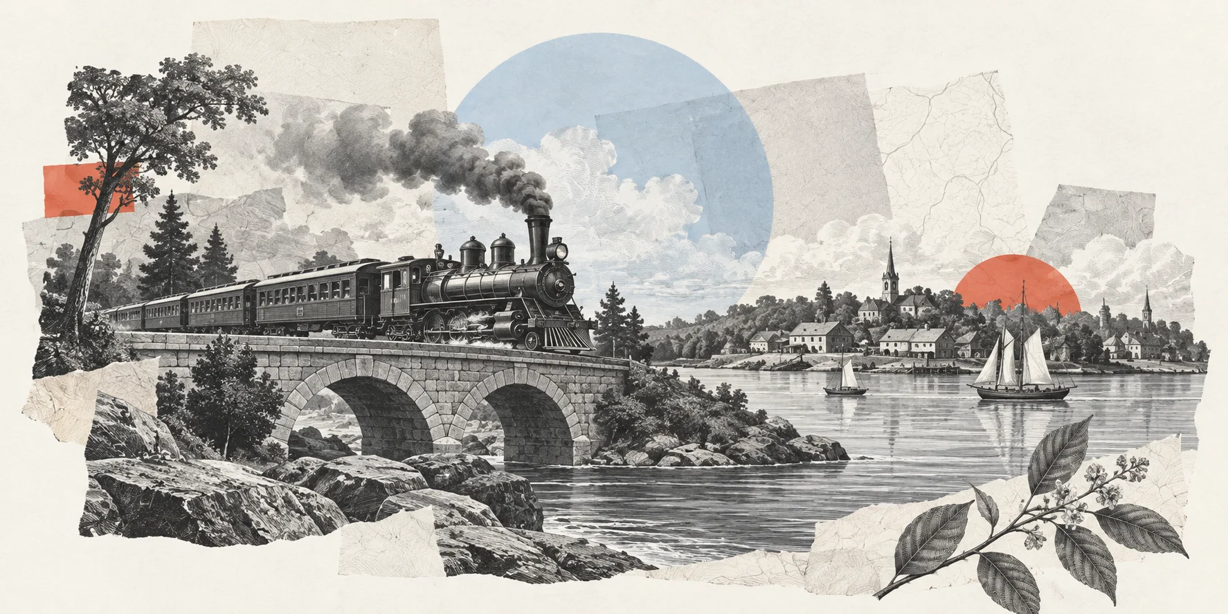Interpretive collage of a railway tunnel, steamboat and St. Lawrence shoreline for The Whistle on the St. Lawrence.