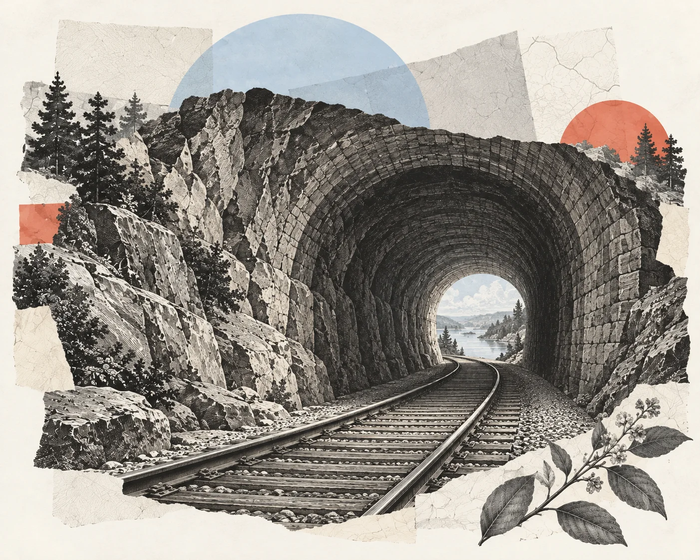 Interpretive collage of a generic stone-lined railway tunnel curving toward a river valley.