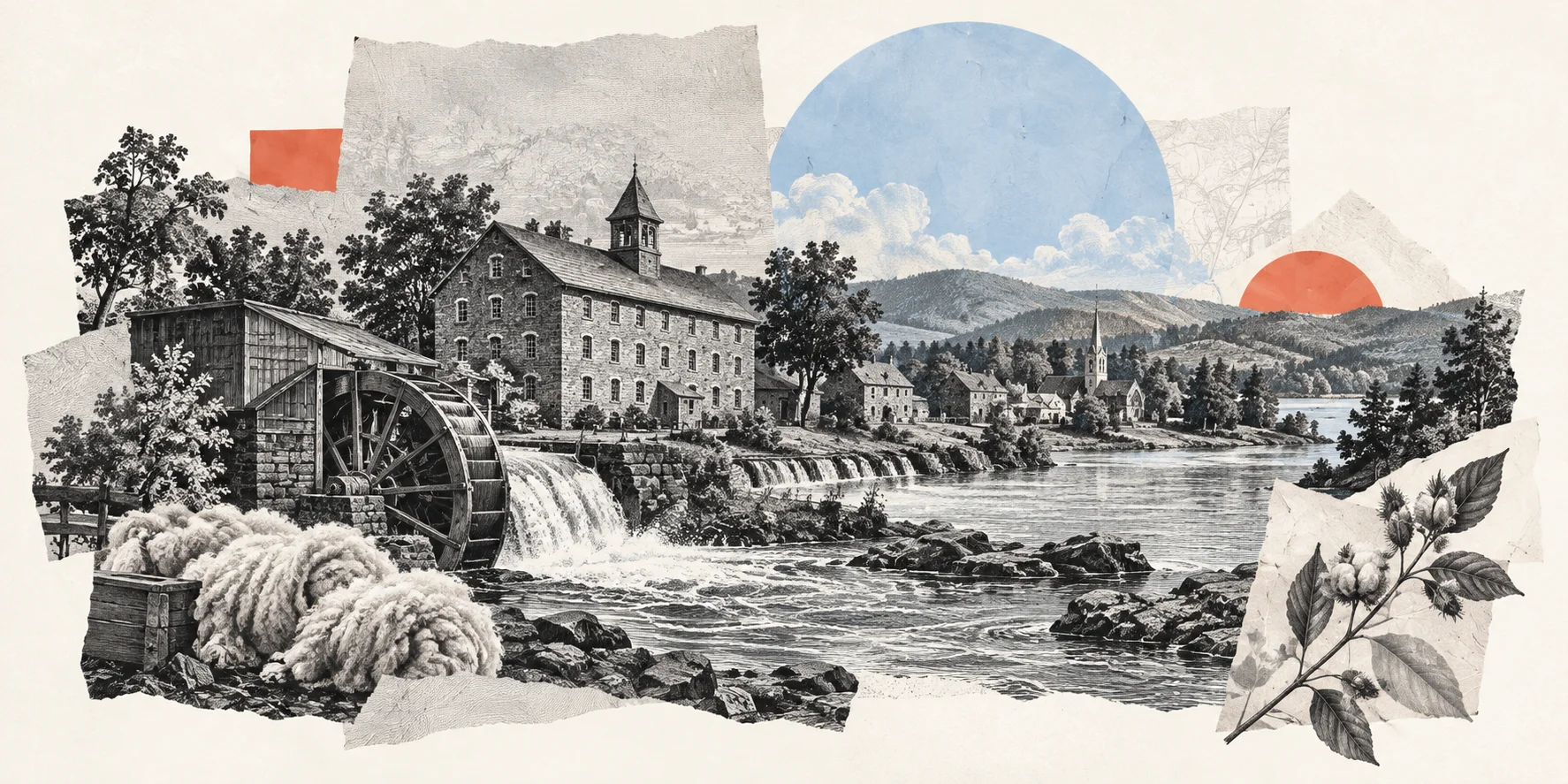 Interpretive collage of a mill, river and timber landscape for Wool, Water and the Law of the Mississippi.