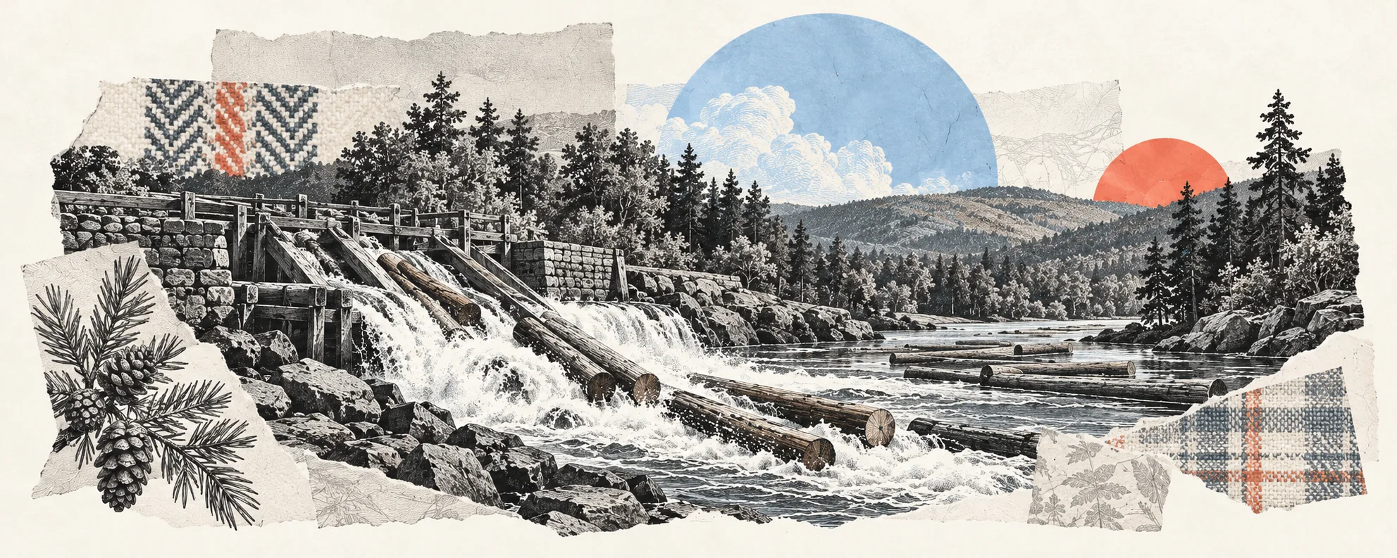 Interpretive collage of a river dam and timber slide carrying logs through a wooded valley.